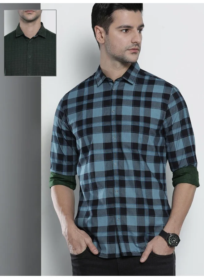 شركة المرآب الهندية Men Slim Fit Checkered Full Sleeves Spread Collar Casual Shirt
