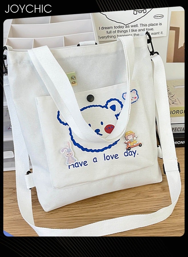 Joychic Lovely Bear Printed Canvas Bag Large Capacity Casual Student Backpack Multifunction Tote Bag with Cartoon Pendant White - Image 2