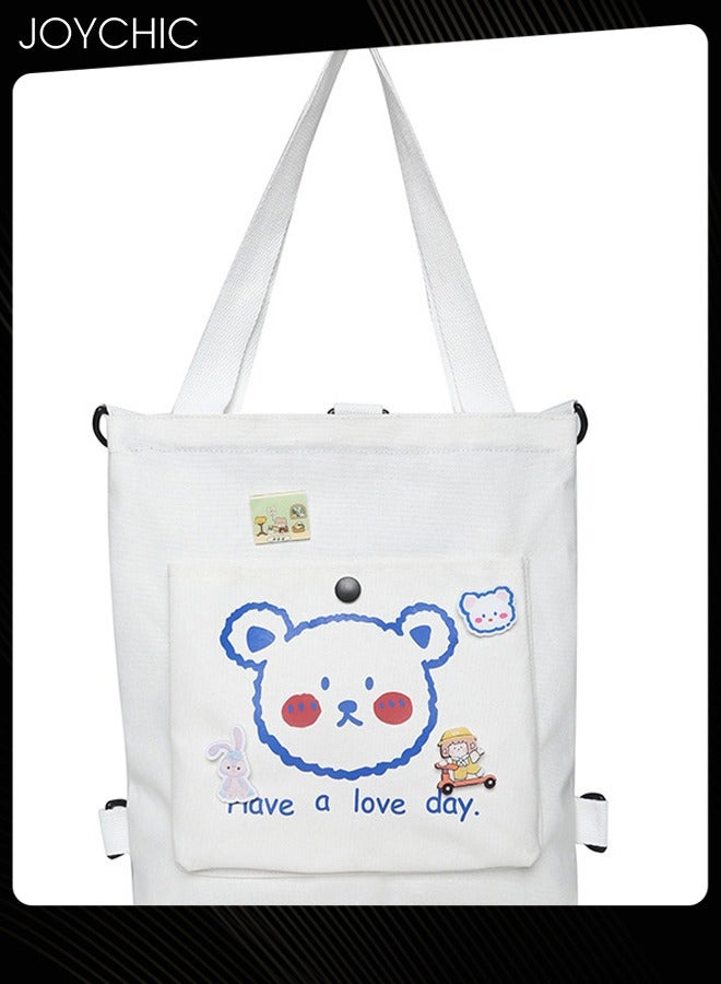 Joychic Lovely Bear Printed Canvas Bag Large Capacity Casual Student Backpack Multifunction Tote Bag with Cartoon Pendant White - Image 5