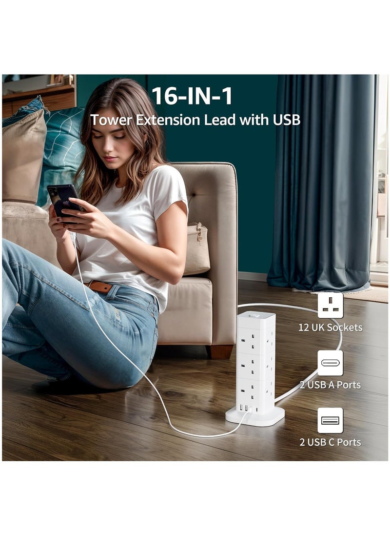 Generic - Tower Extension Lead with USB Slots, 12 Way Extension Tower Surge Protection with 4 USB Slots (2 Type C & 2 USB A) Multi Plug Tower Power Strip 3250W 13A Extension Cord 1.5M - Image 1