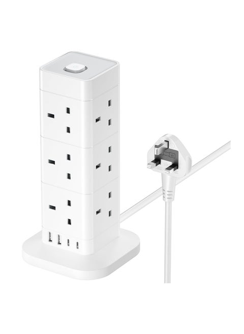 Tower Extension Lead with USB Slots, 12 Way Extension Tower Surge Protection with 4 USB Slots (2 Type C & 2 USB A) Multi Plug Tower Power Strip 3250W 13A Extension Cord 1.5M