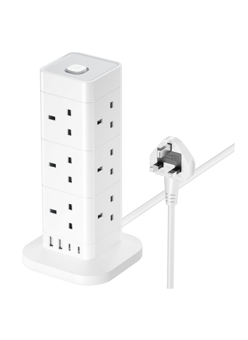 Generic - Tower Extension Lead with USB Slots, 12 Way Extension Tower Surge Protection with 4 USB Slots (2 Type C & 2 USB A) Multi Plug Tower Power Strip 3250W 13A Extension Cord 1.5M - Image 1