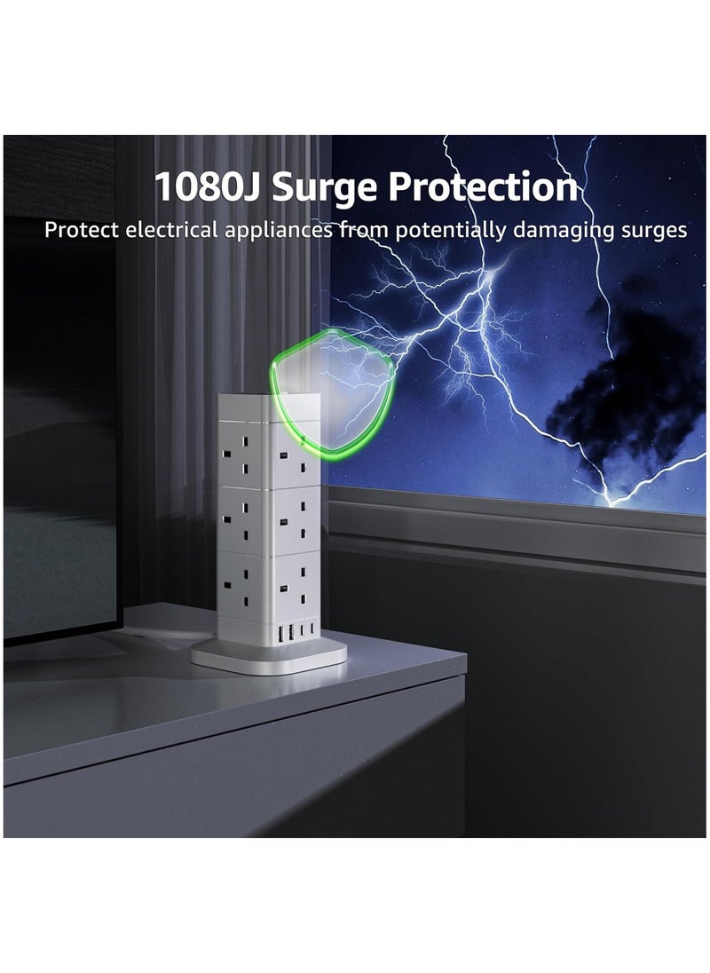 Generic - Tower Extension Lead with USB Slots, 12 Way Extension Tower Surge Protection with 4 USB Slots (2 Type C & 2 USB A) Multi Plug Tower Power Strip 3250W 13A Extension Cord 1.5M - Image 1