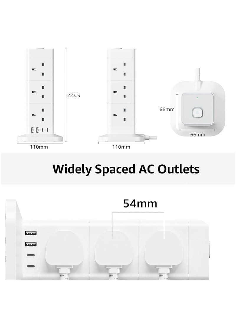 Generic - Tower Extension Lead with USB Slots, 12 Way Extension Tower Surge Protection with 4 USB Slots (2 Type C & 2 USB A) Multi Plug Tower Power Strip 3250W 13A Extension Cord 1.5M - Image 1