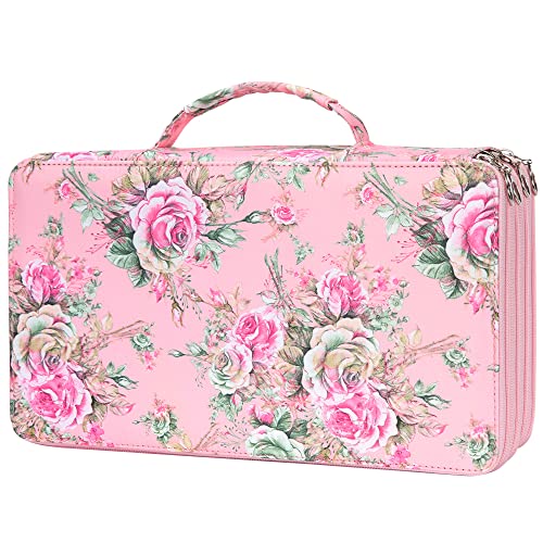 Vomgomfom 300 Slots Marker Bag, 4-Layer Zipper Portable Art Supply Organizer, PU Leather Large Capacity Marker Case Holds 100 Markers or 300 Colored Pencils with Handle (Pink Rose) - Image 1