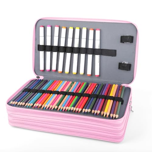 Vomgomfom 300 Slots Marker Bag, 4-Layer Zipper Portable Art Supply Organizer, PU Leather Large Capacity Marker Case Holds 100 Markers or 300 Colored Pencils with Handle (Pink Rose) - Image 4