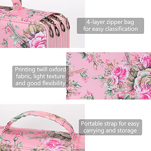 Vomgomfom 300 Slots Marker Bag, 4-Layer Zipper Portable Art Supply Organizer, PU Leather Large Capacity Marker Case Holds 100 Markers or 300 Colored Pencils with Handle (Pink Rose) - Image 3