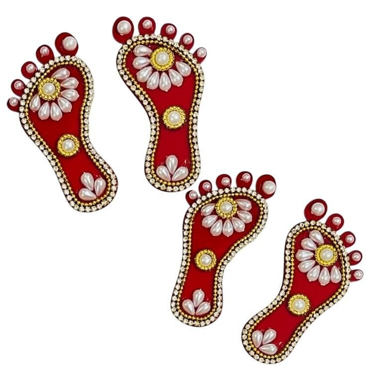 Kriwin 2 Pairs Decorative Laxmi Charan Paduka, Embellished Footprints, Religious Festival Decor (Pearl, 3 inch) - Image 1