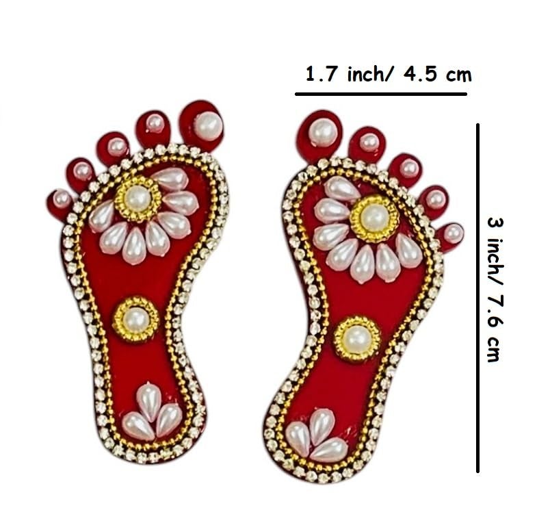 Kriwin 2 Pairs Decorative Laxmi Charan Paduka, Embellished Footprints, Religious Festival Decor (Pearl, 3 inch) - Image 3