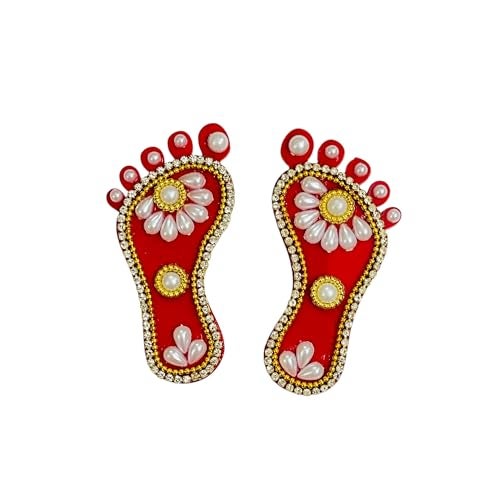Kriwin 2 Pairs Decorative Laxmi Charan Paduka, Embellished Footprints, Religious Festival Decor (Pearl, 3 inch) - Image 4
