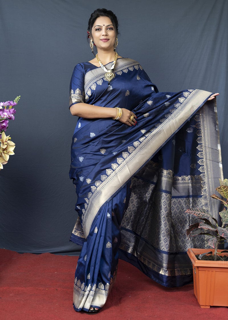 AMIRAT Women's Banarasi Silk Saree With Golden Zari Woven With Blouse Piece (Navy Blue) - Image 2