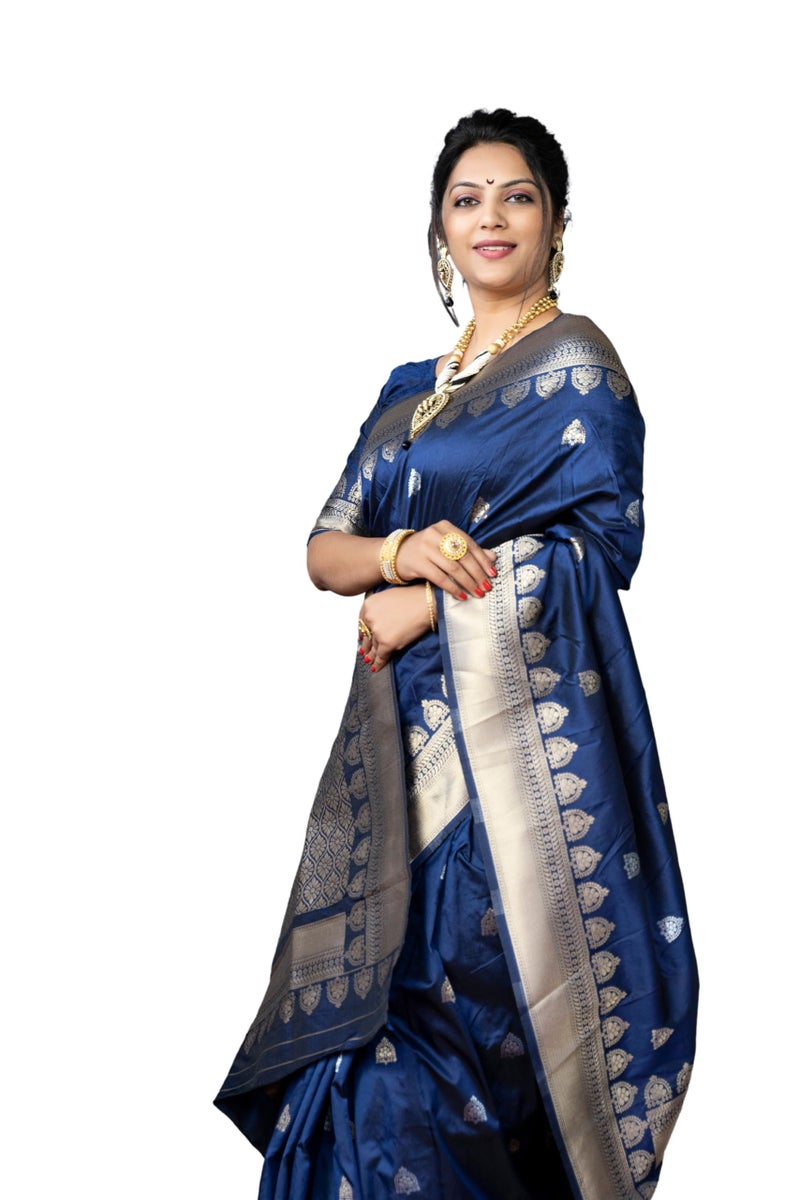 AMIRAT Women's Banarasi Silk Saree With Golden Zari Woven With Blouse Piece (Navy Blue) - Image 1