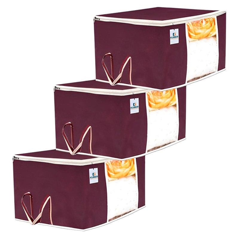 Kuber Industries Solid Underbed Storage BagNonWoven Comforter Blanket CoverPremium Zipper With Side HandlesMultipurpose Storage OrganiserPack of 3 Maroon - Image 1