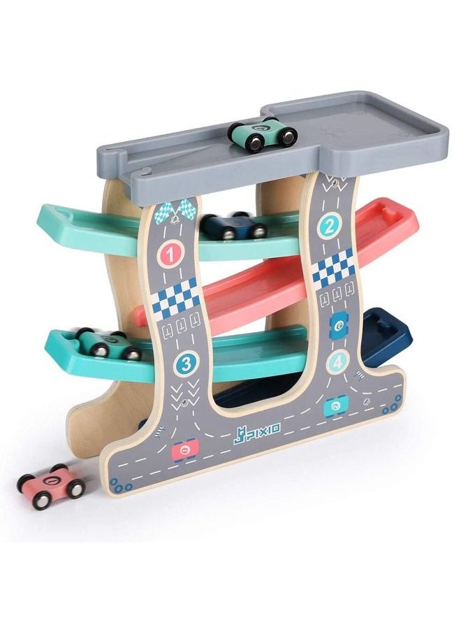 BAYBEE - Wooden Gliding Car Baby Toys Set Games With Four Race Track Parking Slot 4 Mini Cars Racing Track, 3+ Years - Image 1