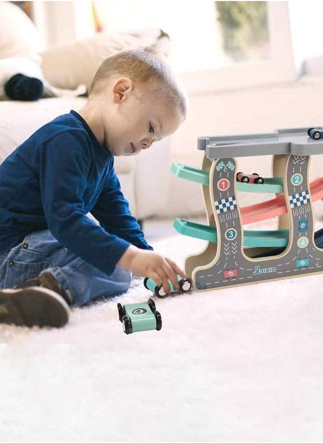 BAYBEE - Wooden Gliding Car Baby Toys Set Games With Four Race Track Parking Slot 4 Mini Cars Racing Track, 3+ Years - Image 1