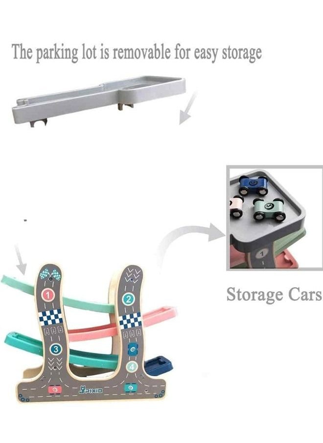 BAYBEE - Wooden Gliding Car Baby Toys Set Games With Four Race Track Parking Slot 4 Mini Cars Racing Track, 3+ Years - Image 1