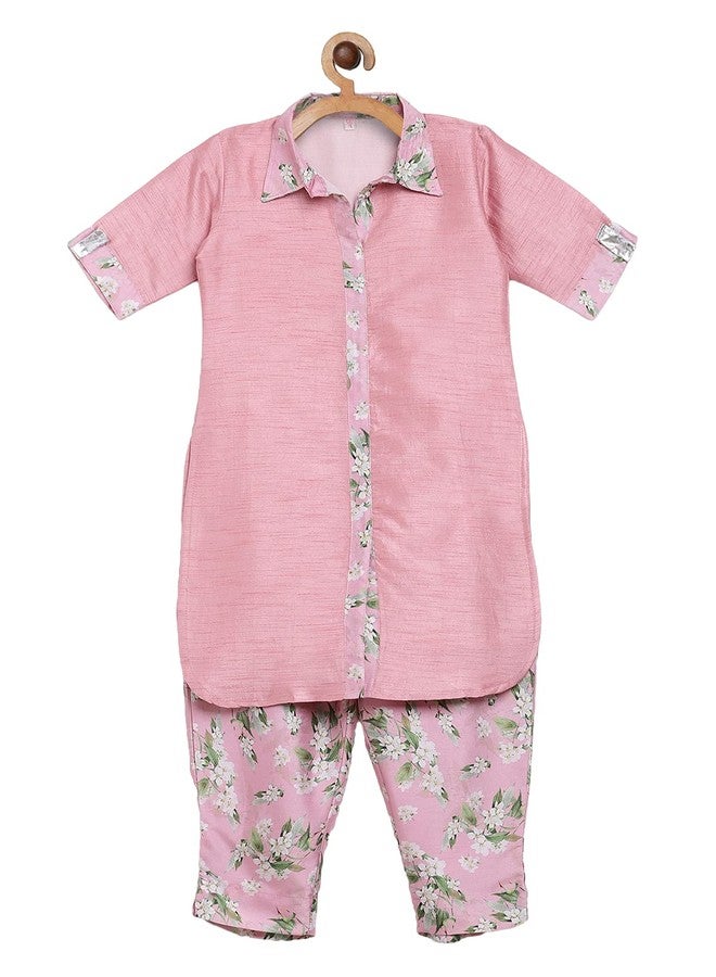 Ahalyaa Girls Girls Pink Poly Silk Solid Kids Kurta with Printed Pant Set (2K-91-COM-KDKUPN-5-6Y-RL) - Image 1