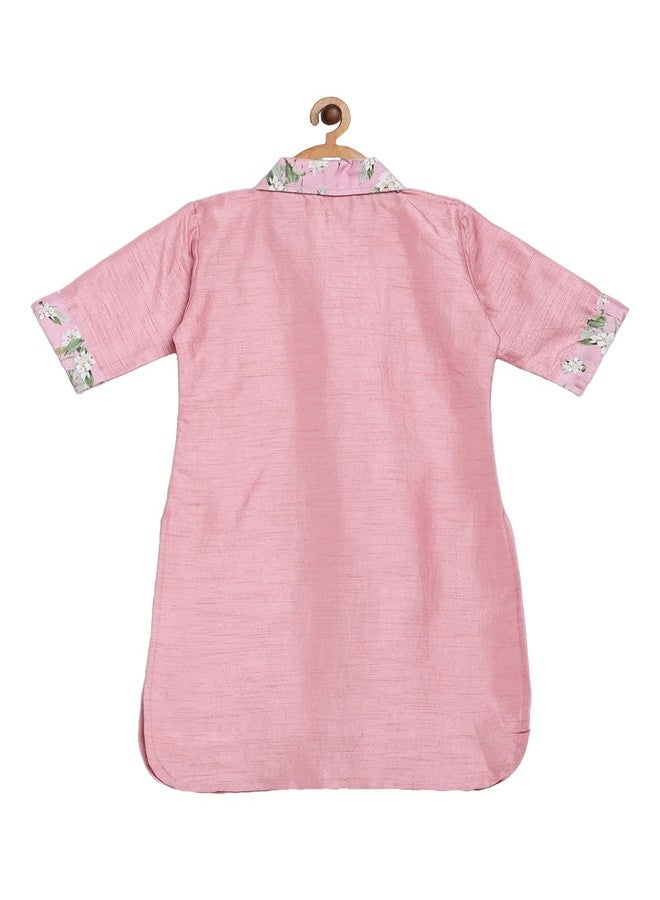 Ahalyaa Girls Girls Pink Poly Silk Solid Kids Kurta with Printed Pant Set (2K-91-COM-KDKUPN-5-6Y-RL) - Image 3
