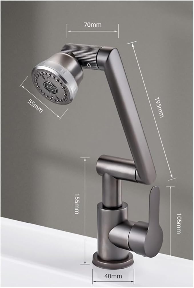 Alark 1080 Swivel Bathroom Kitchen Splashproof Sink Outdoor Fancy Faucet MultiPurpose RustProof Faucet Adjustable Rotate Spray Dual Lavatory Faucet and 2 Water Mode Hot Cold Water Dark Grey - Image 5