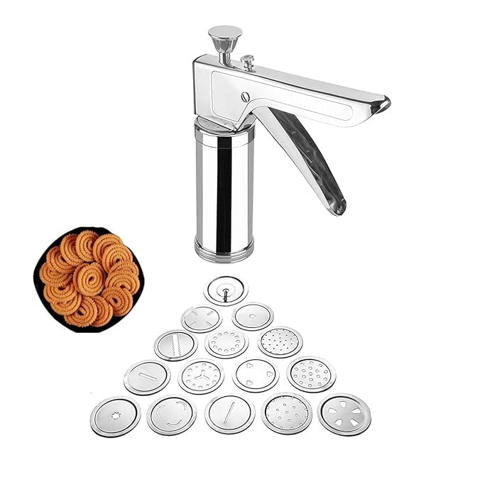 Ervio Stainless Steel Kitchen Press | Chakli Maker with 15 Jaalis & 6 Icing Nozzles | Murukku Maker, Sev Sancha, Idiyappam & Namkeen Maker | Heavy Duty Multi-Purpose Snack Maker for Home Use - Image 5