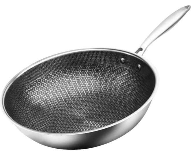 هابي هوم مقلاة ووك غير لاصقة من الفولاذ المقاوم للصدأ مع مقبض - هيكل قرص العسل - 32 سم - Image 1