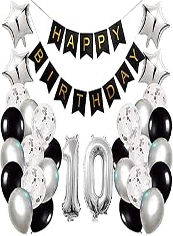 10th Birthday Party Decorations Kit Happy Birthday Banner with Number 10 Birthday Balloons for Birthday Party Supplies 10th Silver and Black Birthday Party Pack 