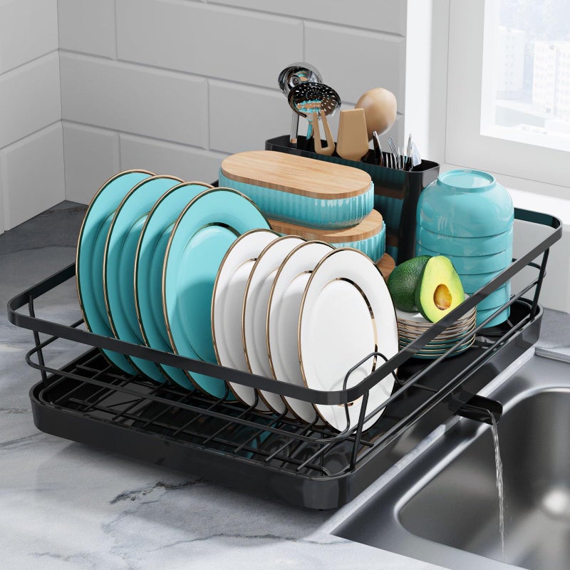 Sakugi Dish Drying Rack  Stainless Steel Dish Rack with Drainboard for Kitchen Counter and Sink Large Black