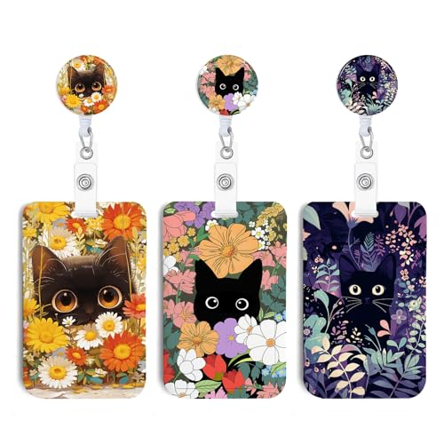 NICCCARD 3 Set Cat Hiding in The Flowers ID Badge Holder with Clip Badge Reels Retractable Heavy Duty,Keychain，ID Holder for School Nurse Office - Image 1