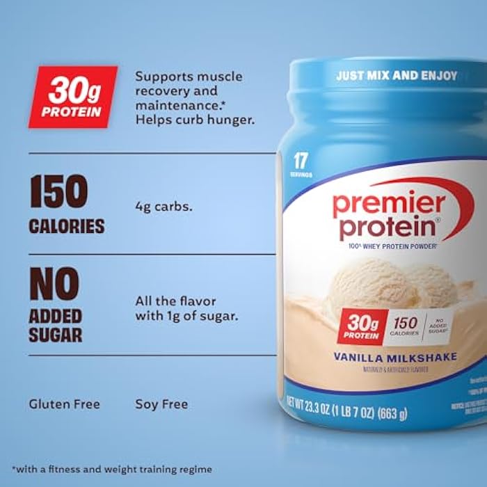 Premier Protein Powder, Vanilla Milkshake, 30g Protein, 1g Sugar, 100% Whey Protein, Keto Friendly, No Soy, Gluten Free, 23.3 oz, 17 Servings (Packaging May Vary) - Image 2