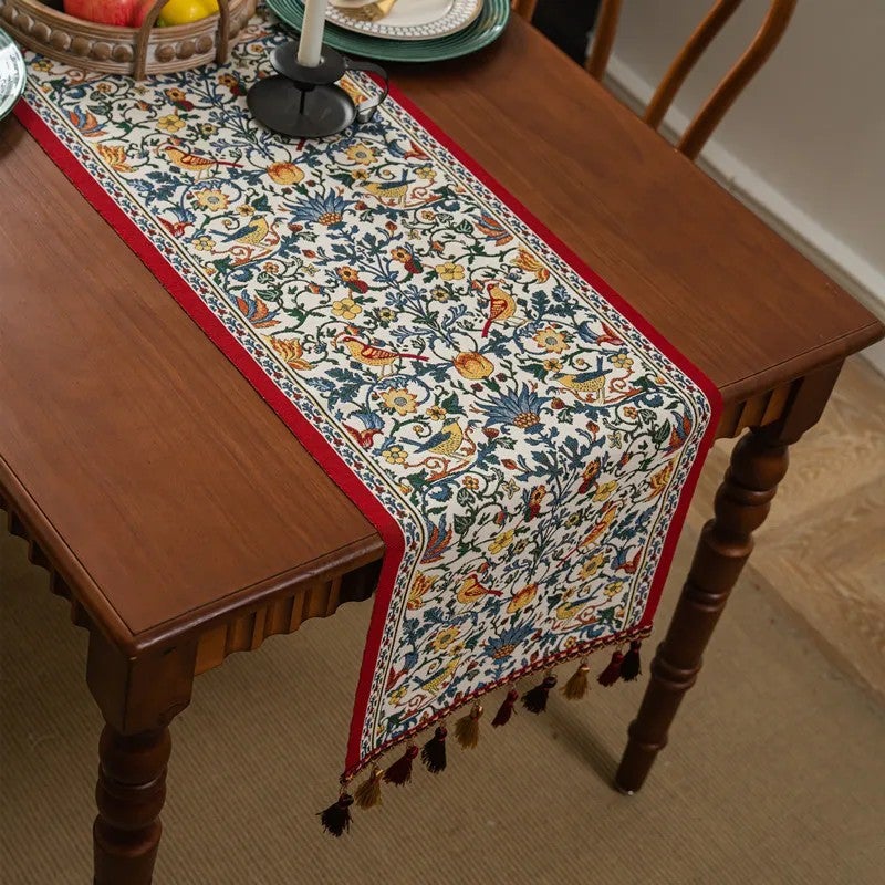 Y&D American Retro Table Flag with Jacquard Magpie Flower Design and Tassels – Polyester Table Runner for Bed or Dining Table - Image 1