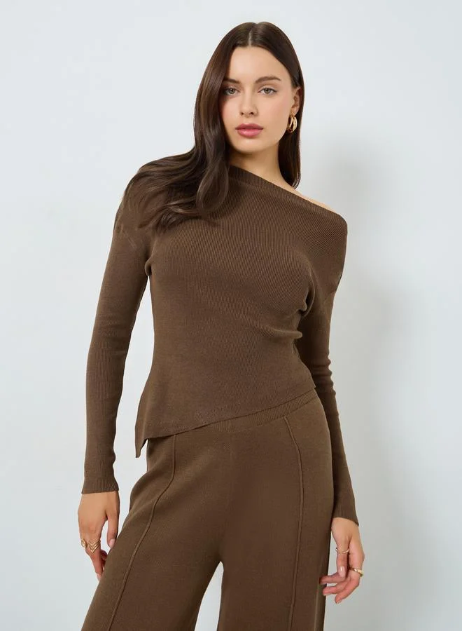 Styli Brown Knit One Shoulder Top