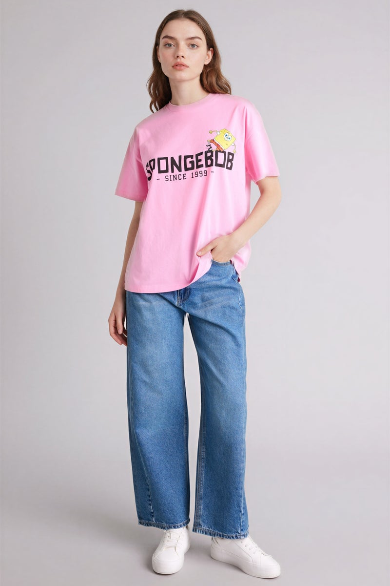 DeFacto Pink Woman SpongeBob Crew Neck Printed Oversize T-Shirt Casual - Image 2