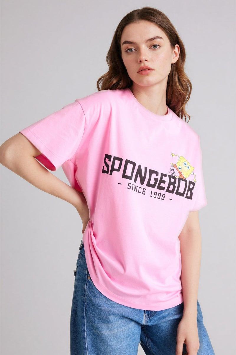 DeFacto Pink Woman SpongeBob Crew Neck Printed Oversize T-Shirt Casual - Image 3