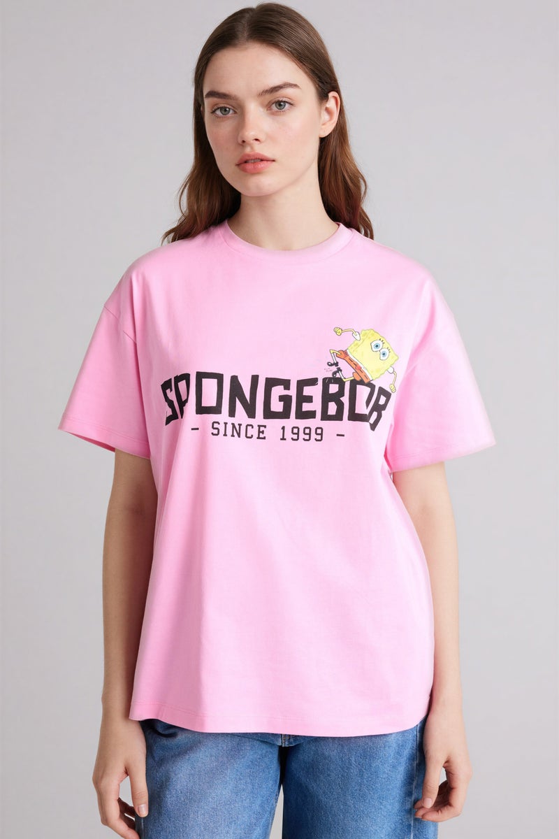 DeFacto Pink Woman SpongeBob Crew Neck Printed Oversize T-Shirt Casual - Image 4