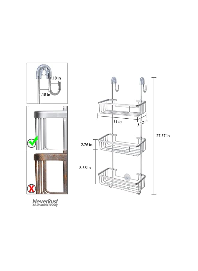 Raxoom Over the Door Shower Caddy, Aluminum Hanging Shower Rack, Rustproof Shampoo Holder with Hooks, 3-Tier Bathroom Shelf with Suction Cups (Silver) - Image 4