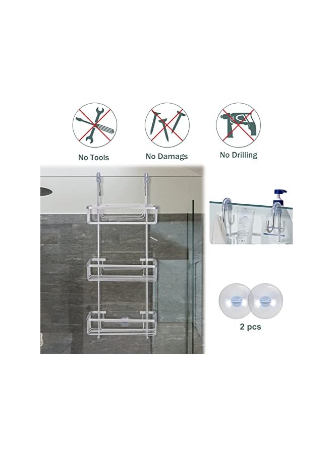 Raxoom Over the Door Shower Caddy, Aluminum Hanging Shower Rack, Rustproof Shampoo Holder with Hooks, 3-Tier Bathroom Shelf with Suction Cups (Silver) - Image 5