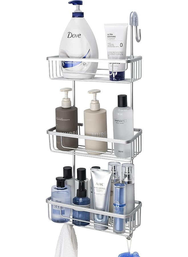 Raxoom Over the Door Shower Caddy, Aluminum Hanging Shower Rack, Rustproof Shampoo Holder with Hooks, 3-Tier Bathroom Shelf with Suction Cups (Silver) - Image 1