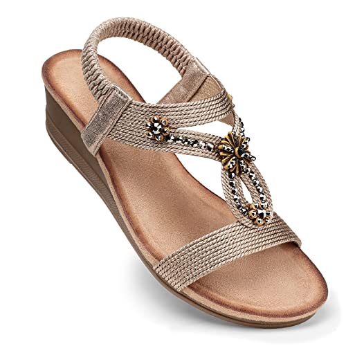 SHIBEVER Womens Wedge Sandals Low Wedges Platform Heels Sandals Dressy Ankle Strap Dress Beach Fashion Summer Comfortable Shoes Champagne Size 8.5 - Image 1