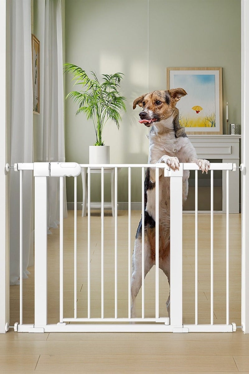 بوابة أمان للأطفال مع إغلاق تلقائي، بوابة للأطفال بعرض إضافي (76-143 سم) تشمل رف امتداد 10 سم و 20 سم و 30 سم، قفل مزدوج، وظيفة الإغلاق التلقائي – بوابة فولاذية متينة للدرج، الأبواب، والحيوانات الأليفة - Image 2