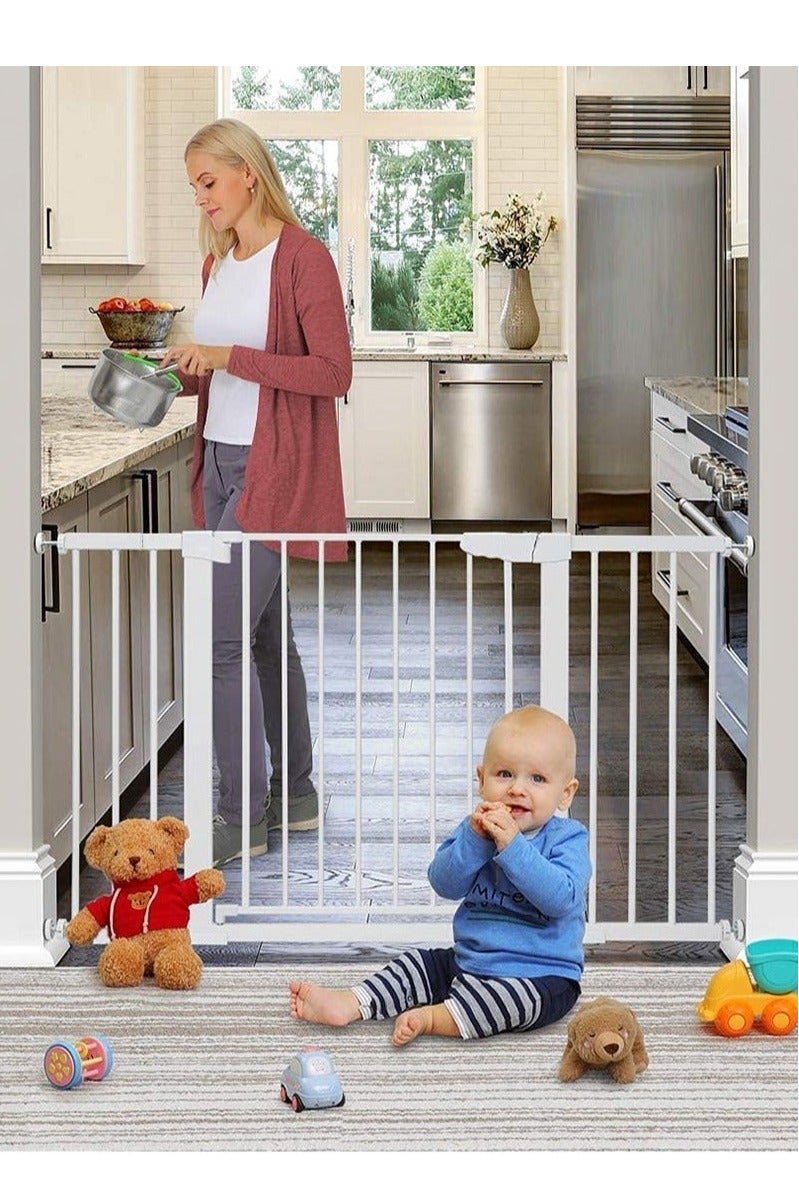 بوابة أمان للأطفال مع إغلاق تلقائي، بوابة للأطفال بعرض إضافي (76-143 سم) تشمل رف امتداد 10 سم و 20 سم و 30 سم، قفل مزدوج، وظيفة الإغلاق التلقائي – بوابة فولاذية متينة للدرج، الأبواب، والحيوانات الأليفة - Image 5
