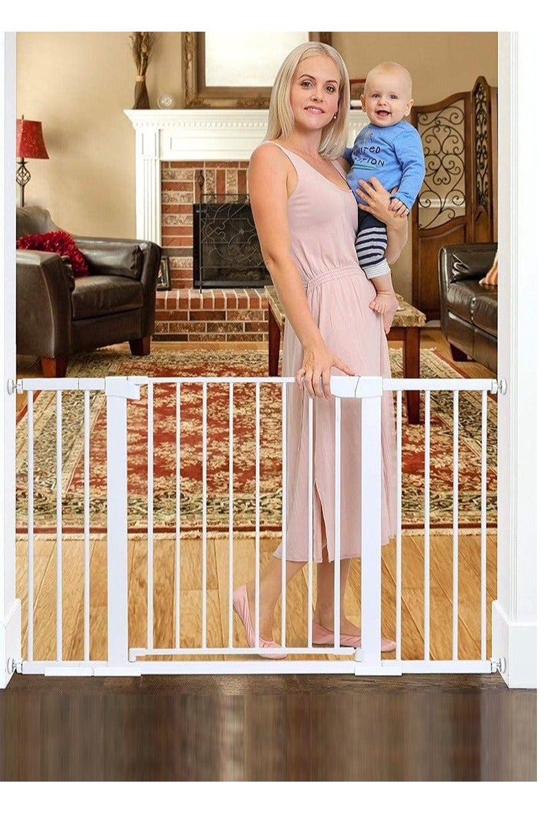بوابة أمان للأطفال مع إغلاق تلقائي، بوابة للأطفال بعرض إضافي (76-143 سم) تشمل رف امتداد 10 سم و 20 سم و 30 سم، قفل مزدوج، وظيفة الإغلاق التلقائي – بوابة فولاذية متينة للدرج، الأبواب، والحيوانات الأليفة - Image 1