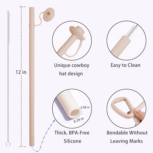HEBEICRMY Cowboy Hat Straw Cover for Stanley Cup 40 oz Accessories, 12" Extra Long Reusable Silicone Straws, Integrated One-Piece Design, Western Decor for 30 & 20 oz Tumblers, 2 Pack with Brush (Pink) - Image 2