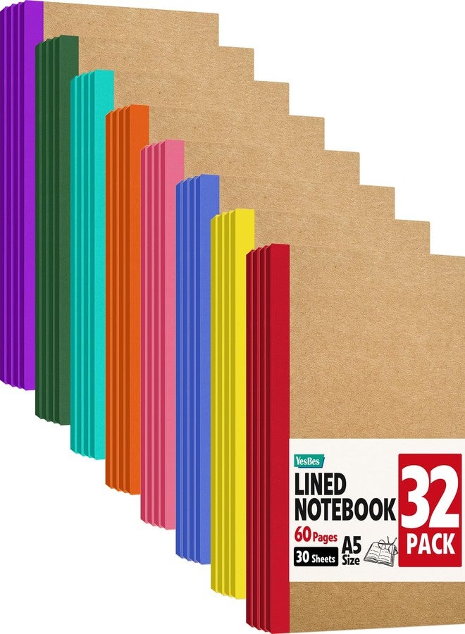 YesBes 32 Pack Composition Notebooks Bulk, A5 Kraft Cover Lined Journaling Notebooks, 8.3”x 5.5” Travel Notebook for School Office Students Artists, 8 Colors 60 Pages - Image 1