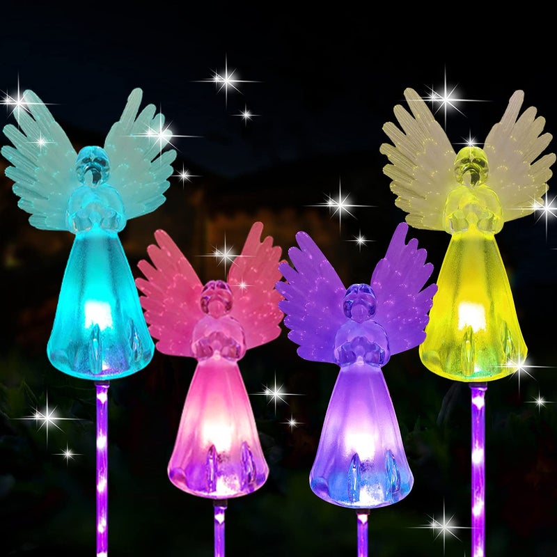 MIBUNG 4 Pack Solar Angel Lights Outdoor DecorSolar Powered Color Changing Angel Easter Stakes Decorative Memorial Lights Garden Yard Lawn Pathway Grave Cemetery DecorationValentines Day Women Gift