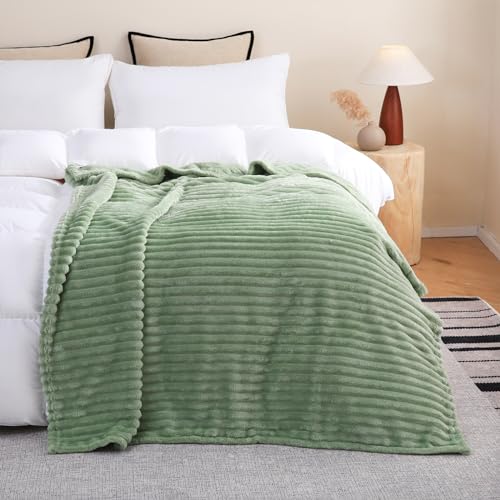 Linecooo Sage Green Fleece Throw Blanket 50”×60” for Couch Sofa Bed,Super Soft Cozy Plush Microfiber Flannel Blanket with Stripes Design Lightweight for Adults,Woman,Girls - Image 3