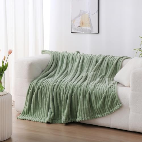 Linecooo Sage Green Fleece Throw Blanket 50”×60” for Couch Sofa Bed,Super Soft Cozy Plush Microfiber Flannel Blanket with Stripes Design Lightweight for Adults,Woman,Girls - Image 2