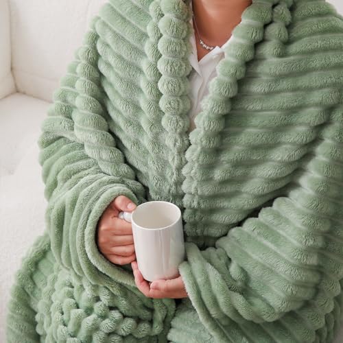 Linecooo Sage Green Fleece Throw Blanket 50”×60” for Couch Sofa Bed,Super Soft Cozy Plush Microfiber Flannel Blanket with Stripes Design Lightweight for Adults,Woman,Girls - Image 5