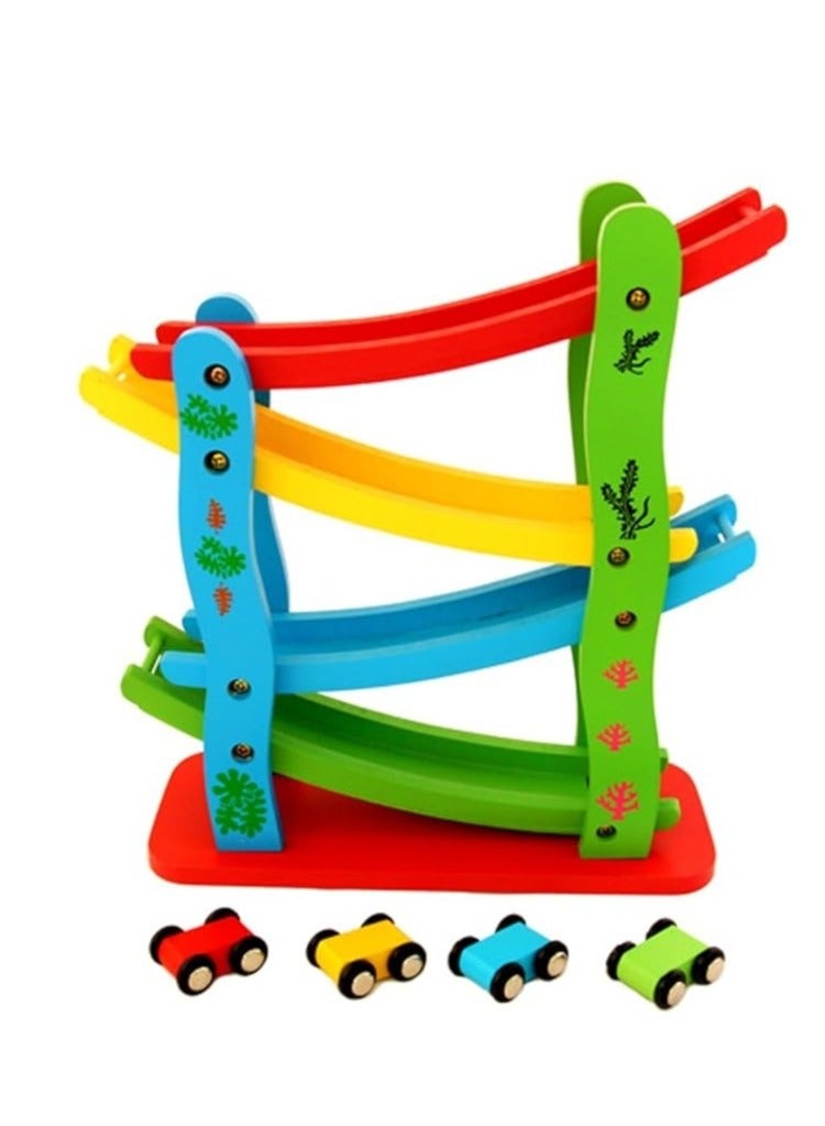 M MIAOYAN Wooden ramp racing mini speeding car toy four layer ladder wooden sliding motor racing track toy car game ramp racer and car, children's wooden early education puzzle, top speed racing - Image 1