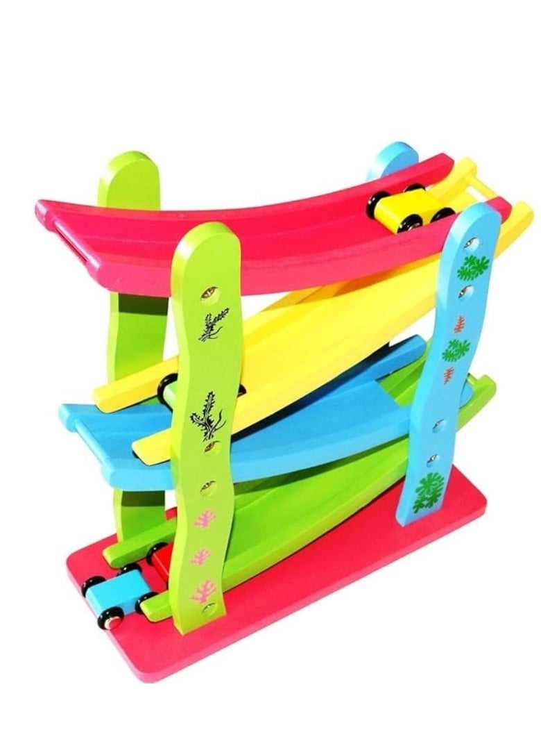 M MIAOYAN Wooden ramp racing mini speeding car toy four layer ladder wooden sliding motor racing track toy car game ramp racer and car, children's wooden early education puzzle, top speed racing - Image 2