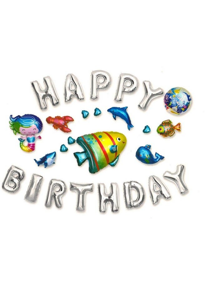 Vibgyor Vibes Vibgyor Vibes Silver Metallic Happy Birthday Party Foil Balloons Banner Aquatic Theme  - Image 1